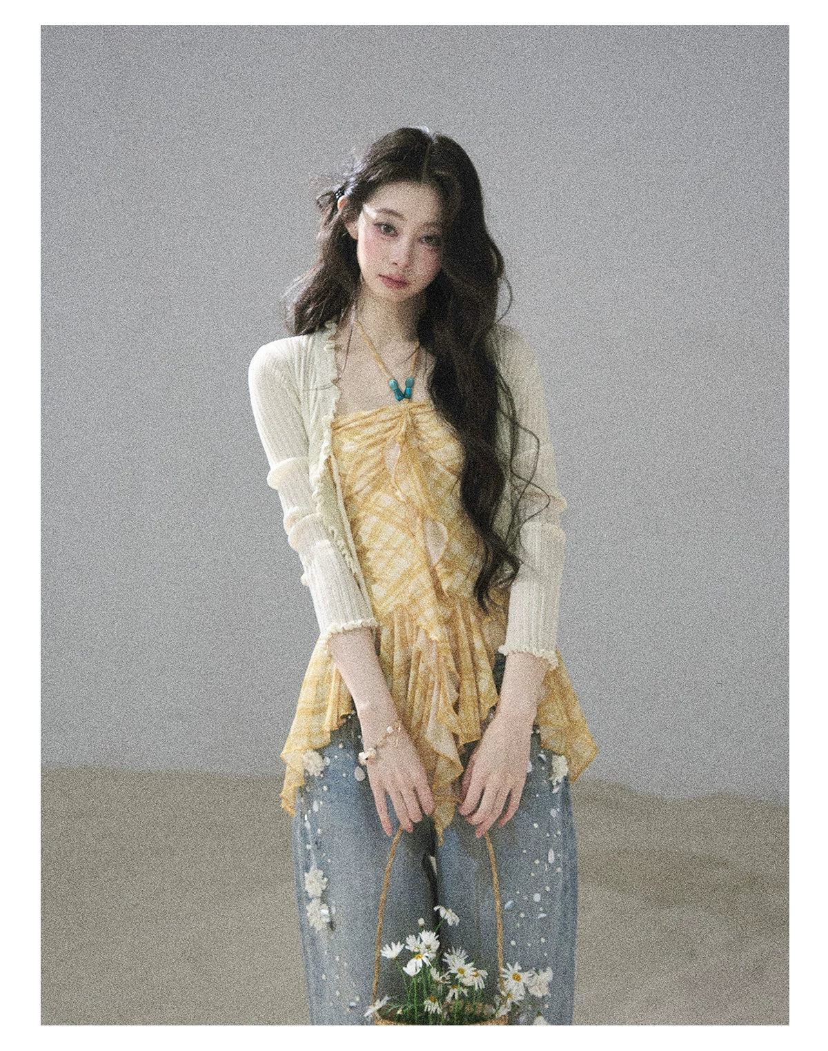 "Fields of Provence" Goose Yellow Halter Plaid Waist-Cinched Top