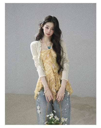 "Starlit Grace" Mist Blue Handmade Floral Wide-Leg Jeans