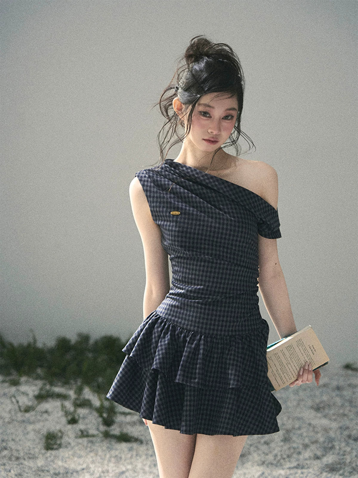 "Moonlit Bellflower Reverie" Navy Plaid One-Shoulder Mini Dress 567474