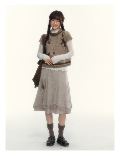 Milk Coffee Vintage Lace Knit A-Line Skirt