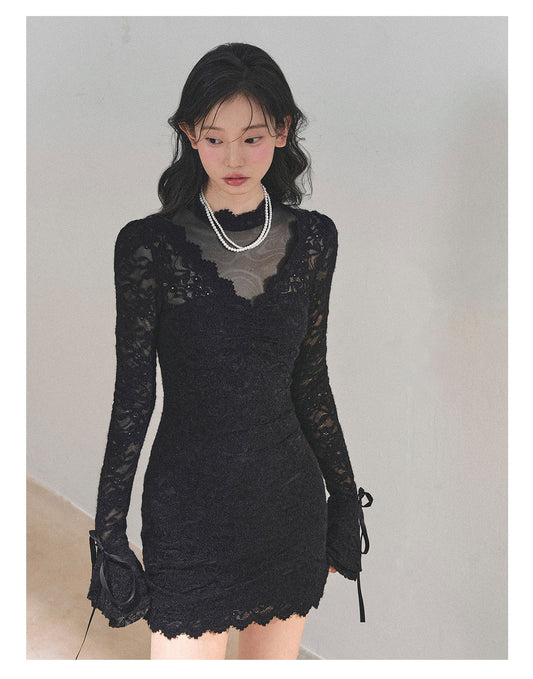 少也眼 “The Moment of the Full Moon" French Lace Winter Dress - Black 845613