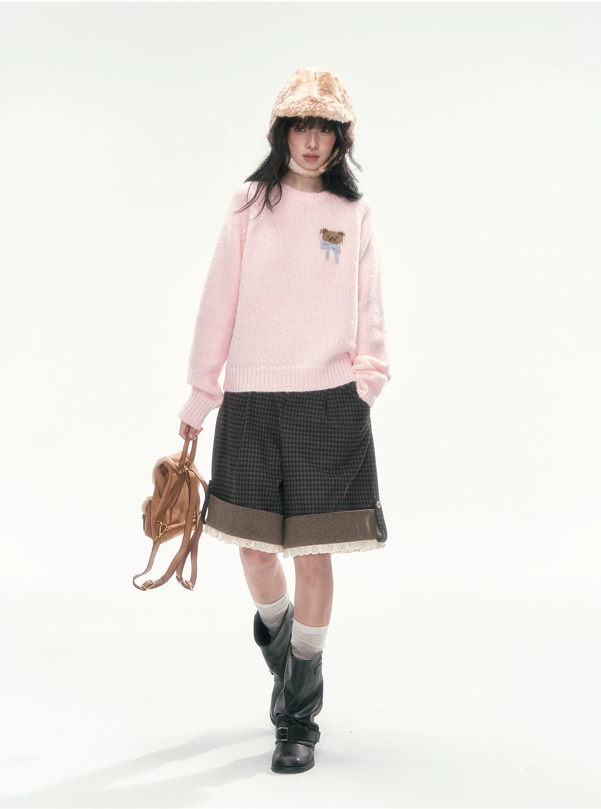 CAN - "The Little Bear Affair" Light Pink Teddy Bear Bow Jacquard Sweater
