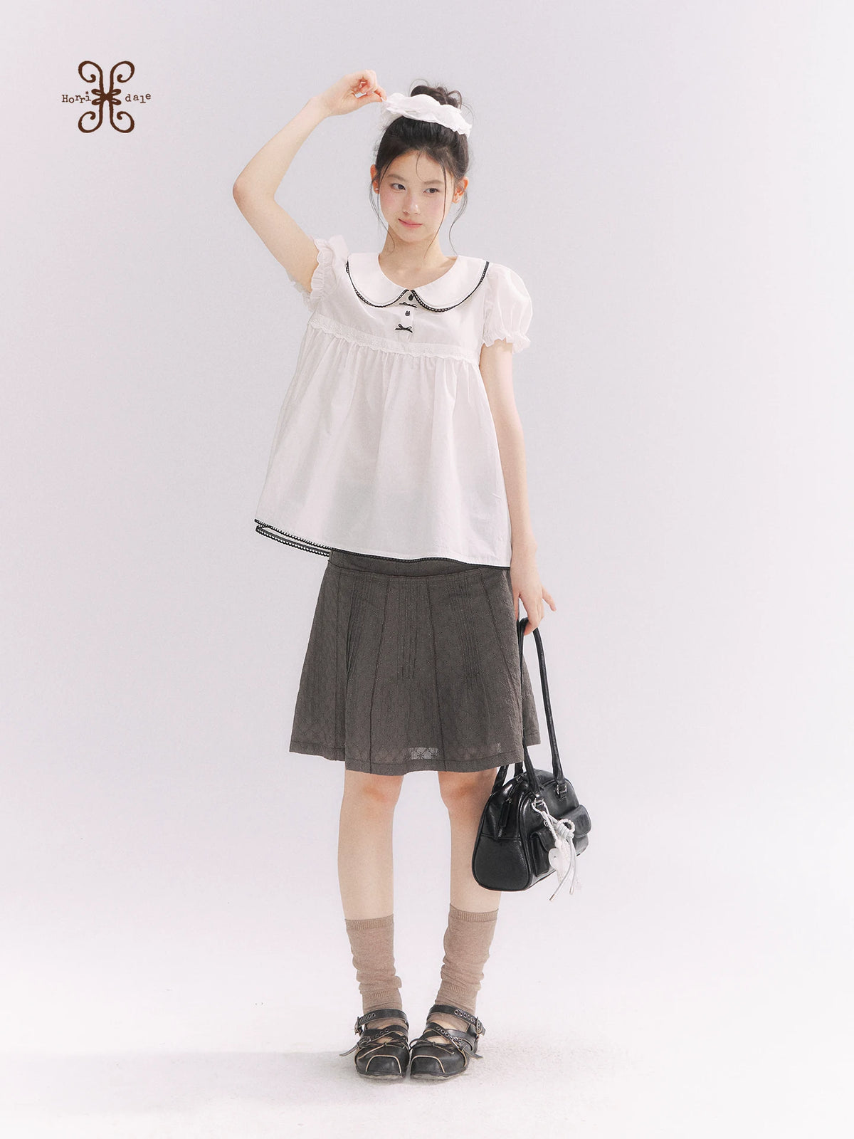 “Misty Texture” Gray Plaid Trim Embroidered A-Line Skirt