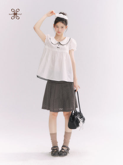 “Misty Texture” Gray Plaid Trim Embroidered A-Line Skirt