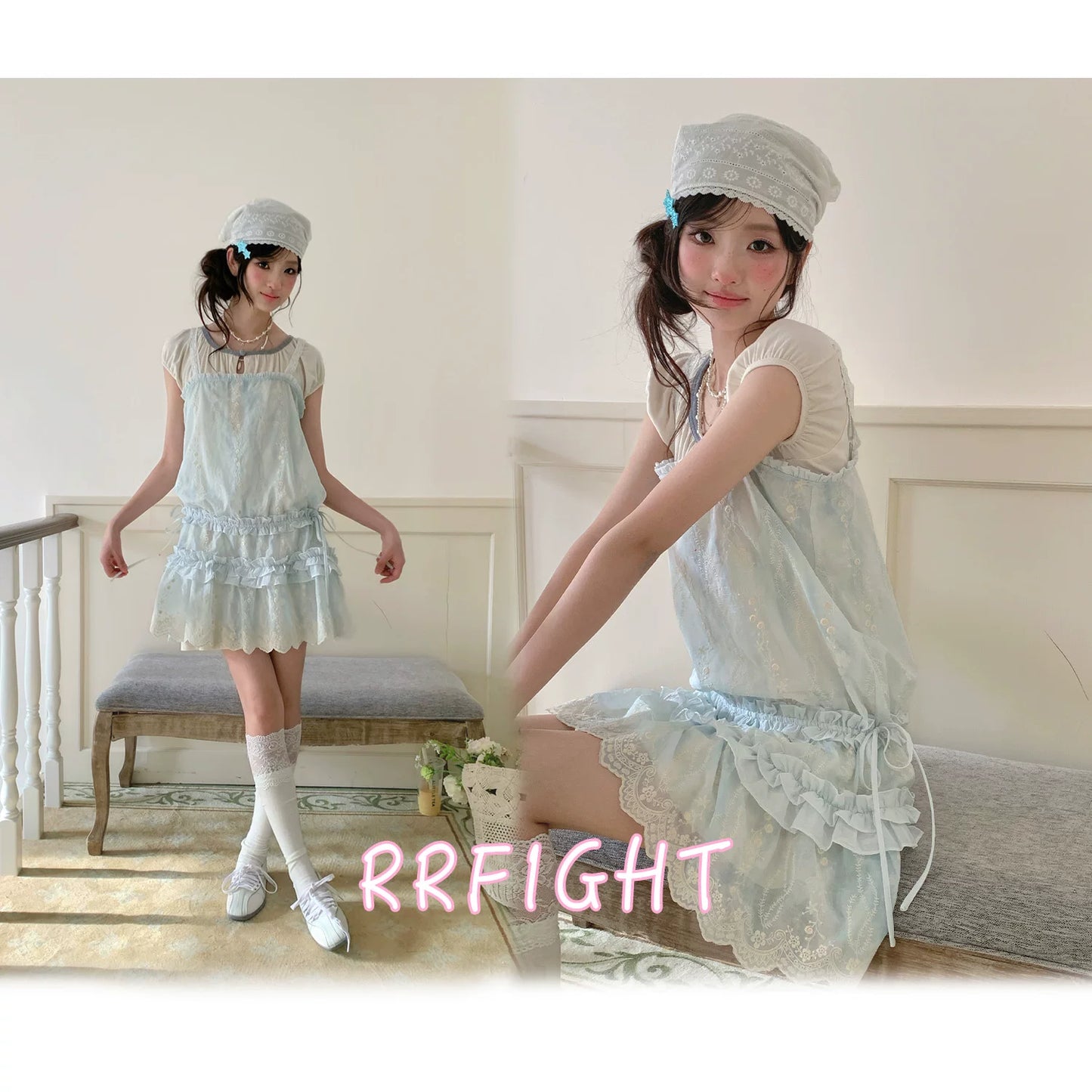 “Summer Dreamloom” Blue Lace Tiered Dress Set (Inner Top + Slip Dress)