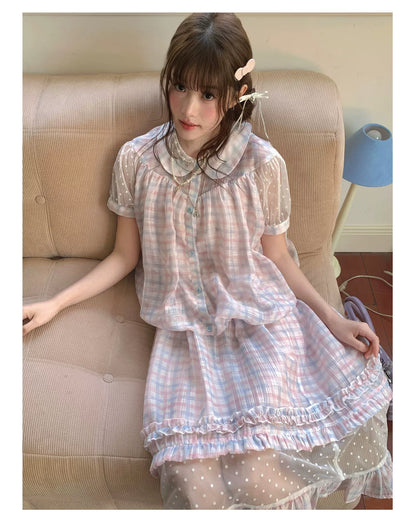 [RF] “Rainbow Cotton Candy” Blue & Pink Plaid Two-Piece Set