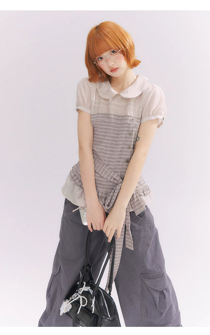“Old Keepsake Letters” Frost Gray Doll Collar Lace Two-Piece Set