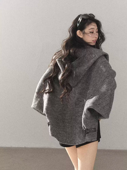 AOMALM - Dark Heather Gray Hooded Wool-Blend Jacket (With Inner Bra)
