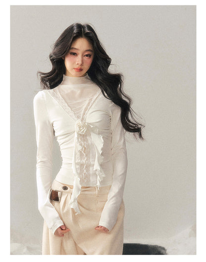 040126 “Vanishing Curve” Sheer Lace Turtleneck Base Top - White