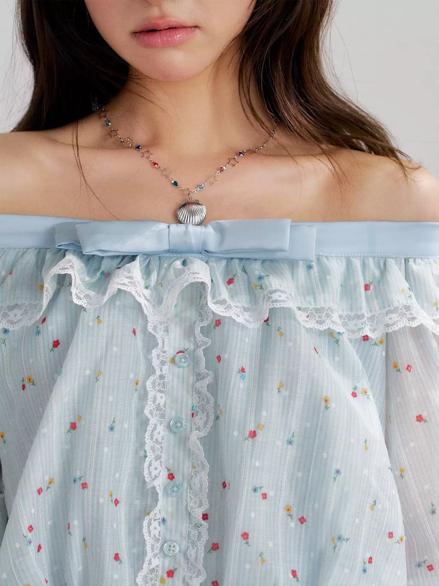 “Blue Meringue Reverie” Blue Off-Shoulder Cake Dress