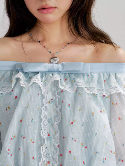 “Blue Meringue Reverie” Blue Off-Shoulder Cake Dress