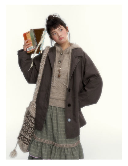 Oatmeal Ribbed-Hem Hooded Knit Sweater
