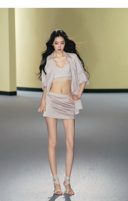 "Rosé Study Session" Pink Stripe Shirt, Lace Corset Cami & Champagne Skort Set
