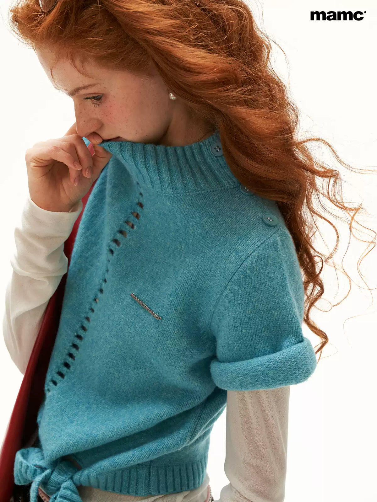 MAMC - Blue Ribbed Mock-Neck Tie-Hem Knit Sweater