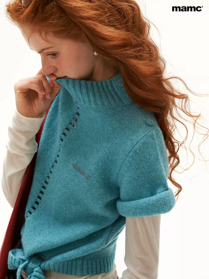 MAMC - Blue Ribbed Mock-Neck Tie-Hem Knit Sweater