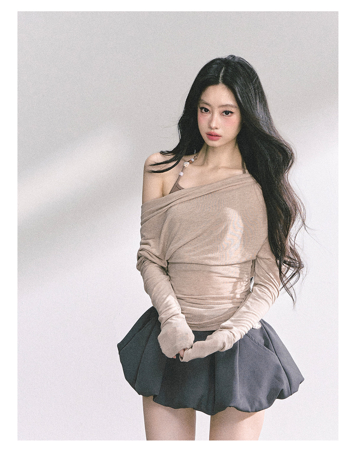 少也眼 "Soft Whisper" Korean Asymmetric Dual-Layer Off-Shoulder Top - Khaki