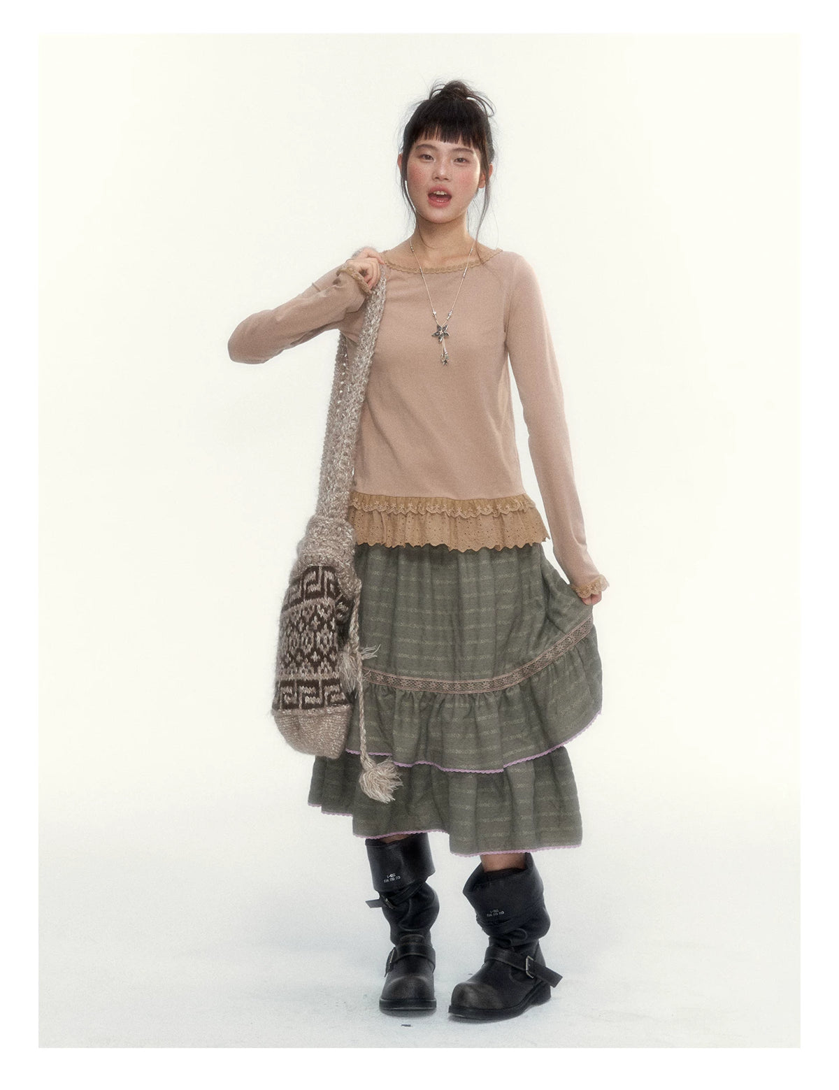 Dried Grass Green Vintage Lace Tiered A-Line Skirt