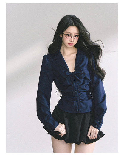 少也眼 "K-Drama White Moonlight" Soft Sophisticate Blouse - Navy Blue 486864