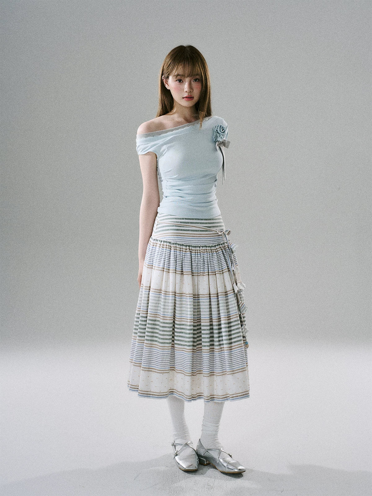 LOST FOREST - Flower Belt Striped Midi Dress (Natural Hemp / Blue Stripe / Orange Stripe)