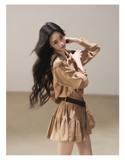 170726 "Through the Golden Wheat Fields" Chestnut Brown Utility Shirt Mini Dress with Belt & Shorts