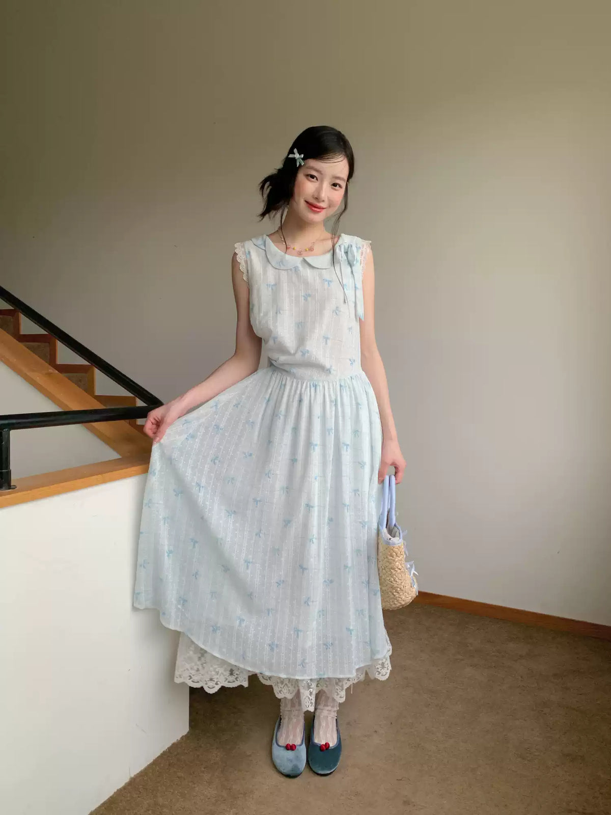 [RF] “Blue Ribbon Whisper” Blue Bow Print Lace-Trim Sleeveless Dress