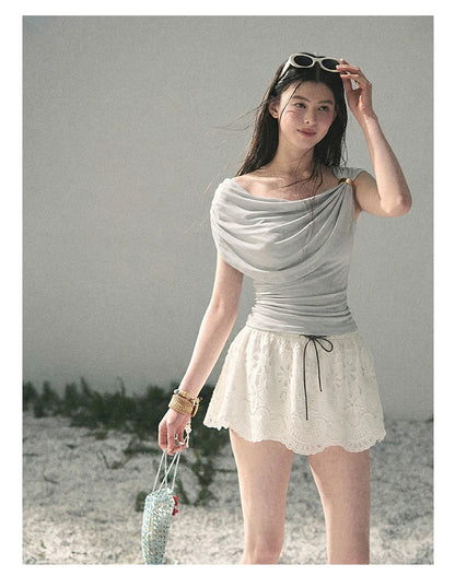 “When the Wind Stole Moonlight” Moonstone Draped Off-Shoulder Top