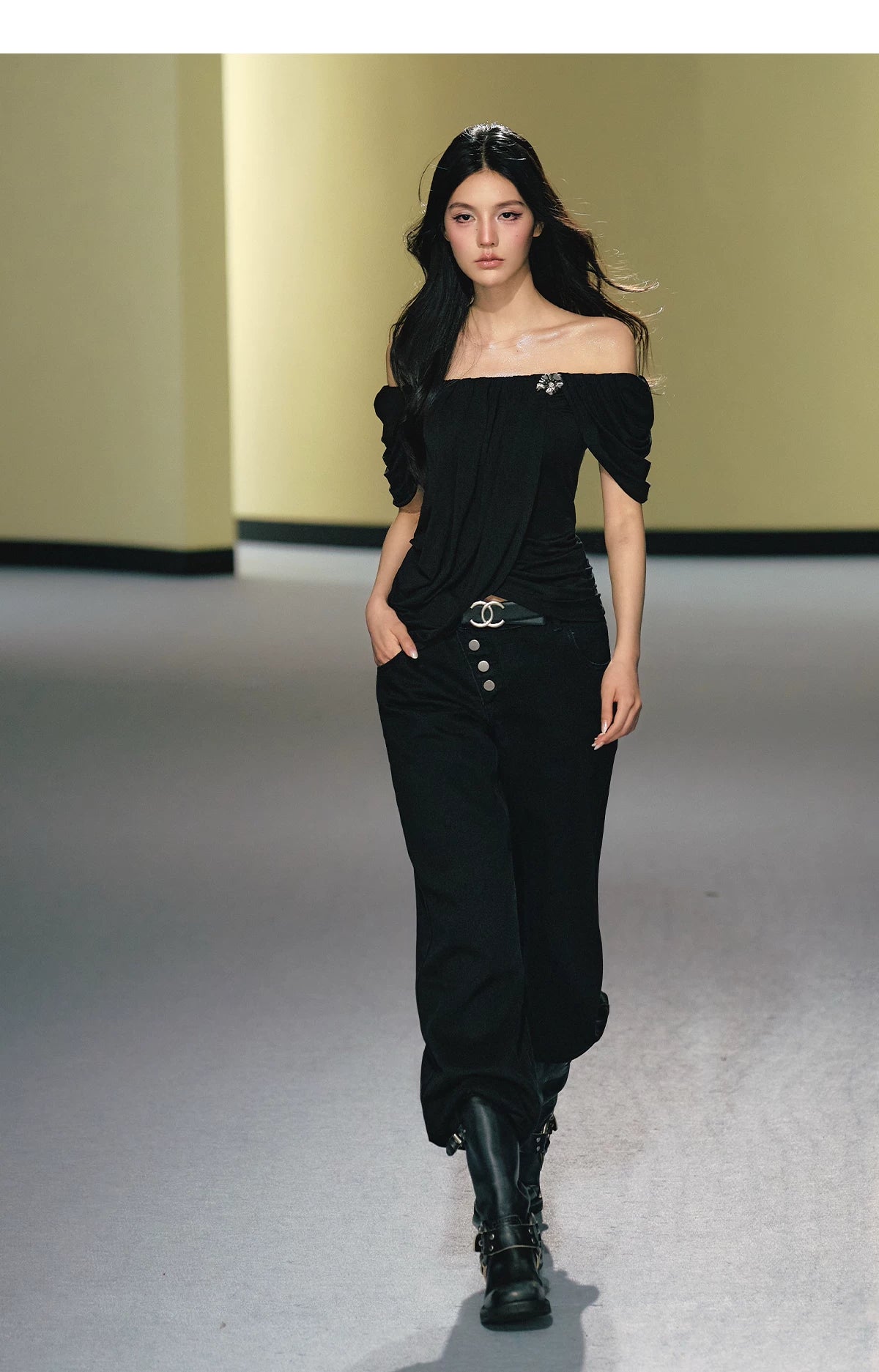 "Midnight Bloom" Black Lyocell Off-Shoulder Ruched Top