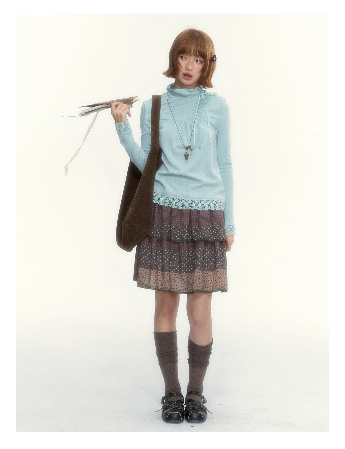 “Caramel Patchwork” Brown Patchwork Floral Plaid Lace A-Line Tiered Skirt