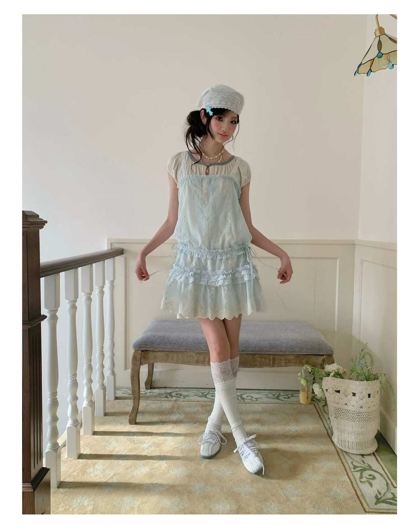“Summer Dreamloom” Blue Lace Tiered Dress Set (Inner Top + Slip Dress)