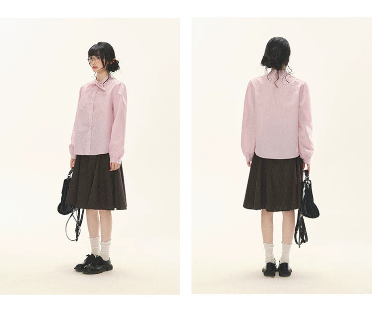 "Blush Poetry" Pink Stripe Cotton Bow Blouse
