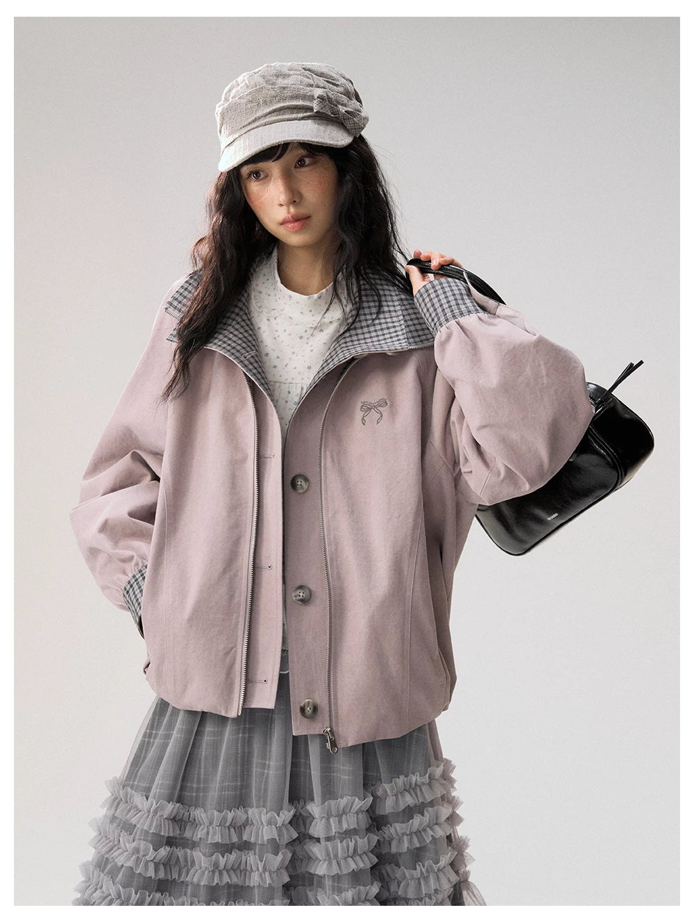 [CAN] "Lavender Plaid Notes" Dusty Purple Plaid Double Collar Cropped Jacket