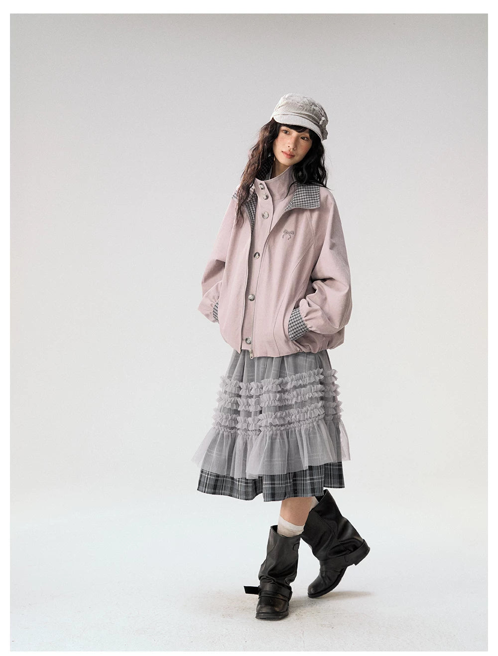 [CAN] "Lavender Plaid Notes" Dusty Purple Plaid Double Collar Cropped Jacket
