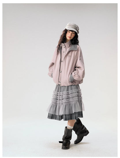 [CAN] "Lavender Plaid Notes" Dusty Purple Plaid Double Collar Cropped Jacket