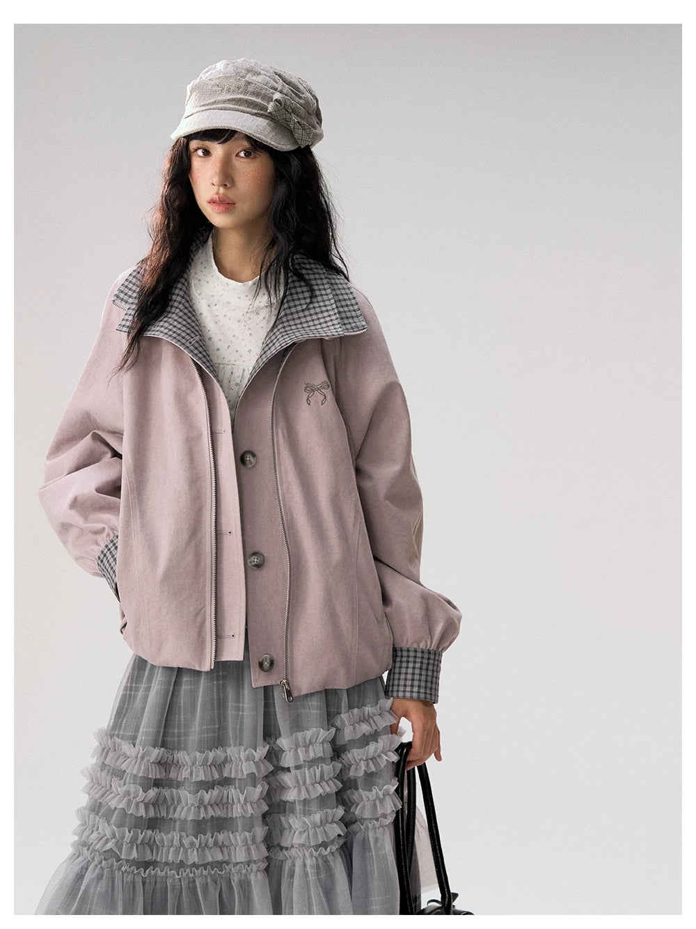 [CAN] "Lavender Plaid Notes" Dusty Purple Plaid Double Collar Cropped Jacket