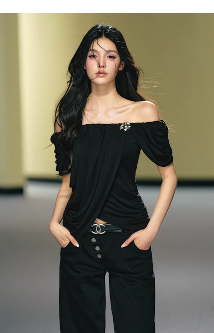"Midnight Bloom" Black Lyocell Off-Shoulder Ruched Top