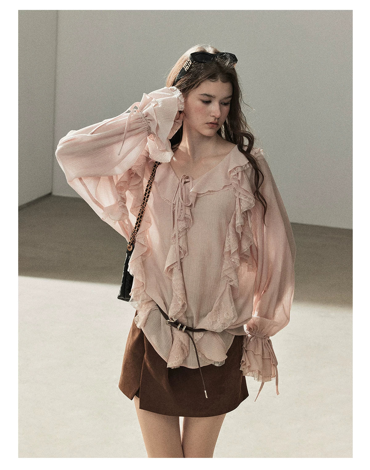 AOMALM - "A Featherlight Touch" French Camellia White Lace Chiffon Top with Belt (Camellia / Oatmeal / Cinnamon Pink)