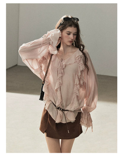 AOMALM - "A Featherlight Touch" French Camellia White Lace Chiffon Top with Belt (Camellia / Oatmeal / Cinnamon Pink)