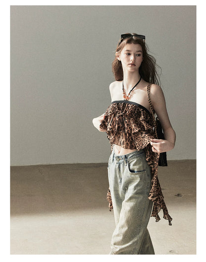 "Chasing the Sunset" Chestnut Brown Leopard Halter Ruffle Crop Top