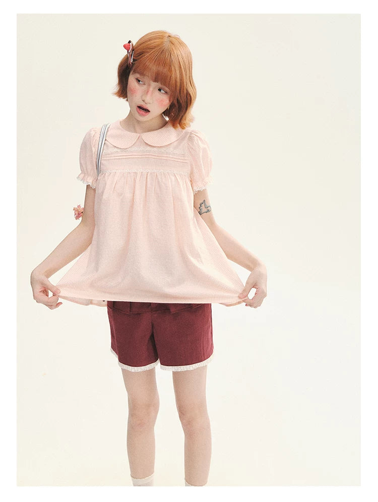 "Sweet Silhouette" Plaid Lace Trim Puff Sleeve Peter Pan Collar Blouse (Red Blue / Red White)