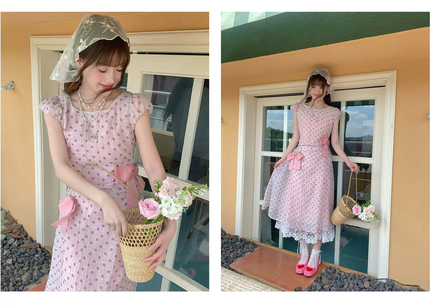 [RF] “Pink Mist Polka” Vintage Polka Dot Maxi Dress