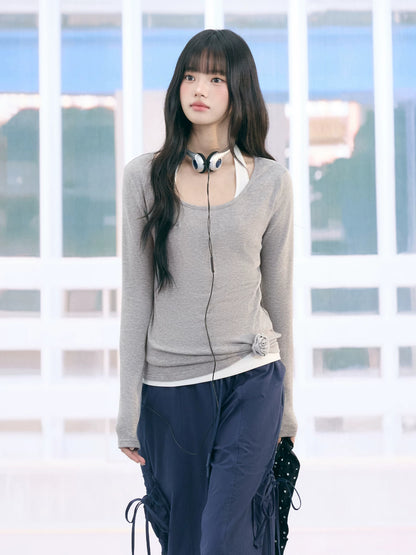 "Layered Grace" Gray Halter Two-Piece Long Sleeve Top