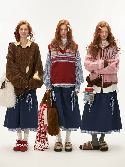 MAMC - Blue Plaid Layered Bow Midi Skirt