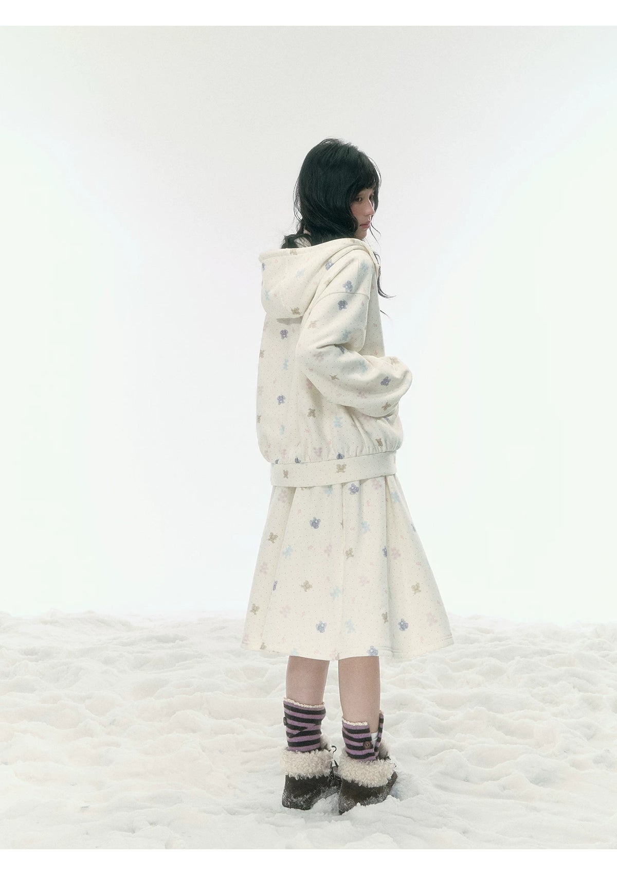 JOVYLLE - Cream Printed Fleece-Lined Sweatshirt, Pants & Skirt Set