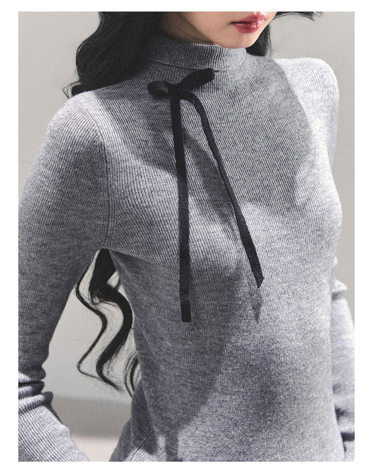 少也眼 “Velvet Touch” Semi-Turtleneck Long Sleeve Knit Top - Gray 586255478