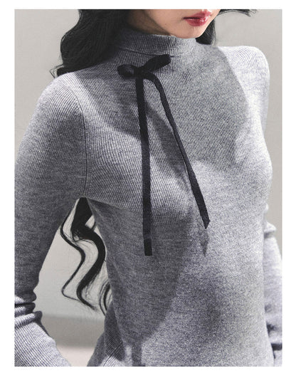 少也眼 “Velvet Touch” Semi-Turtleneck Long Sleeve Knit Top - Gray 586255478