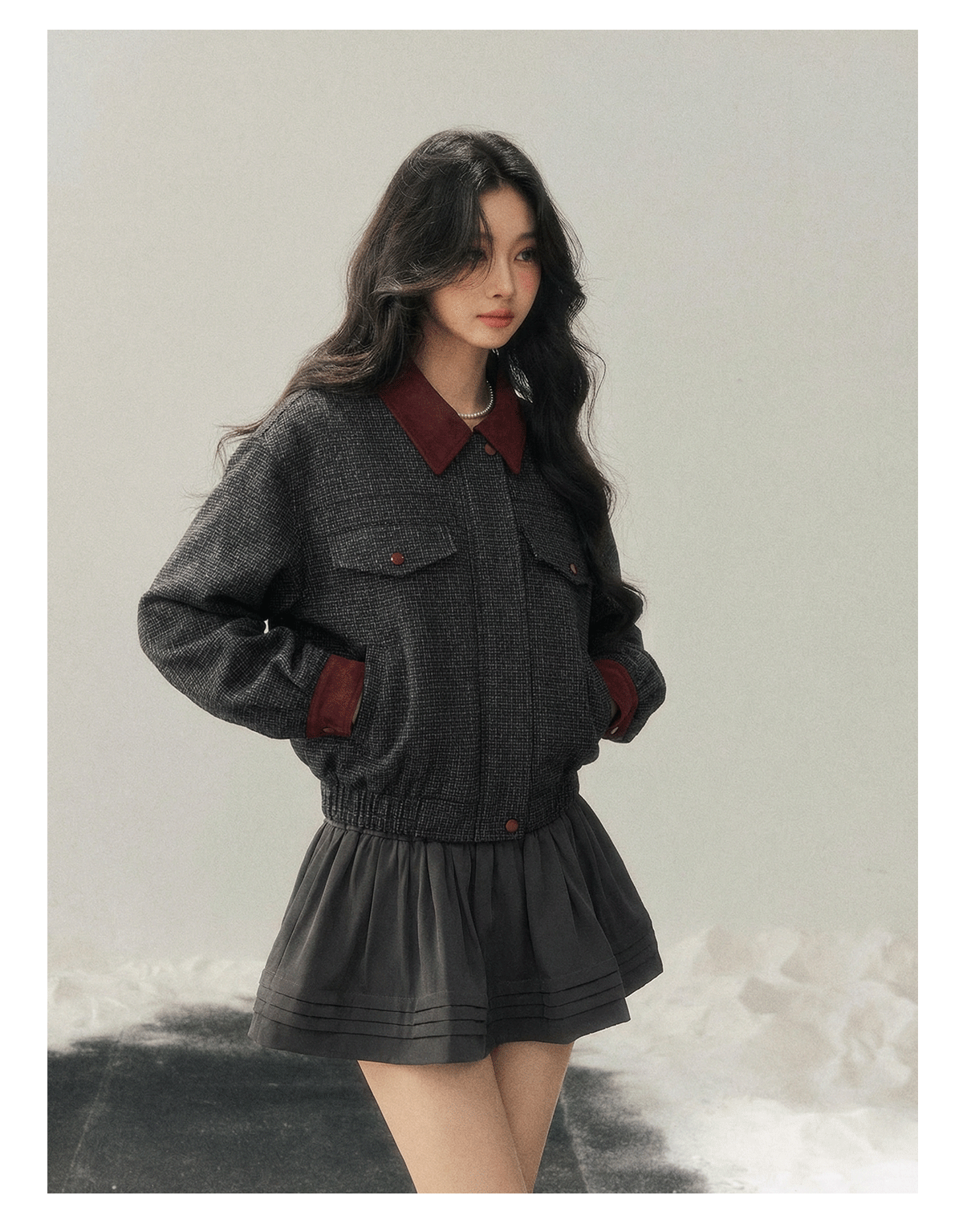 少也眼 "Falling Wutong Leaves" Hepburn Wool Tweed Two-Piece Set - Gray