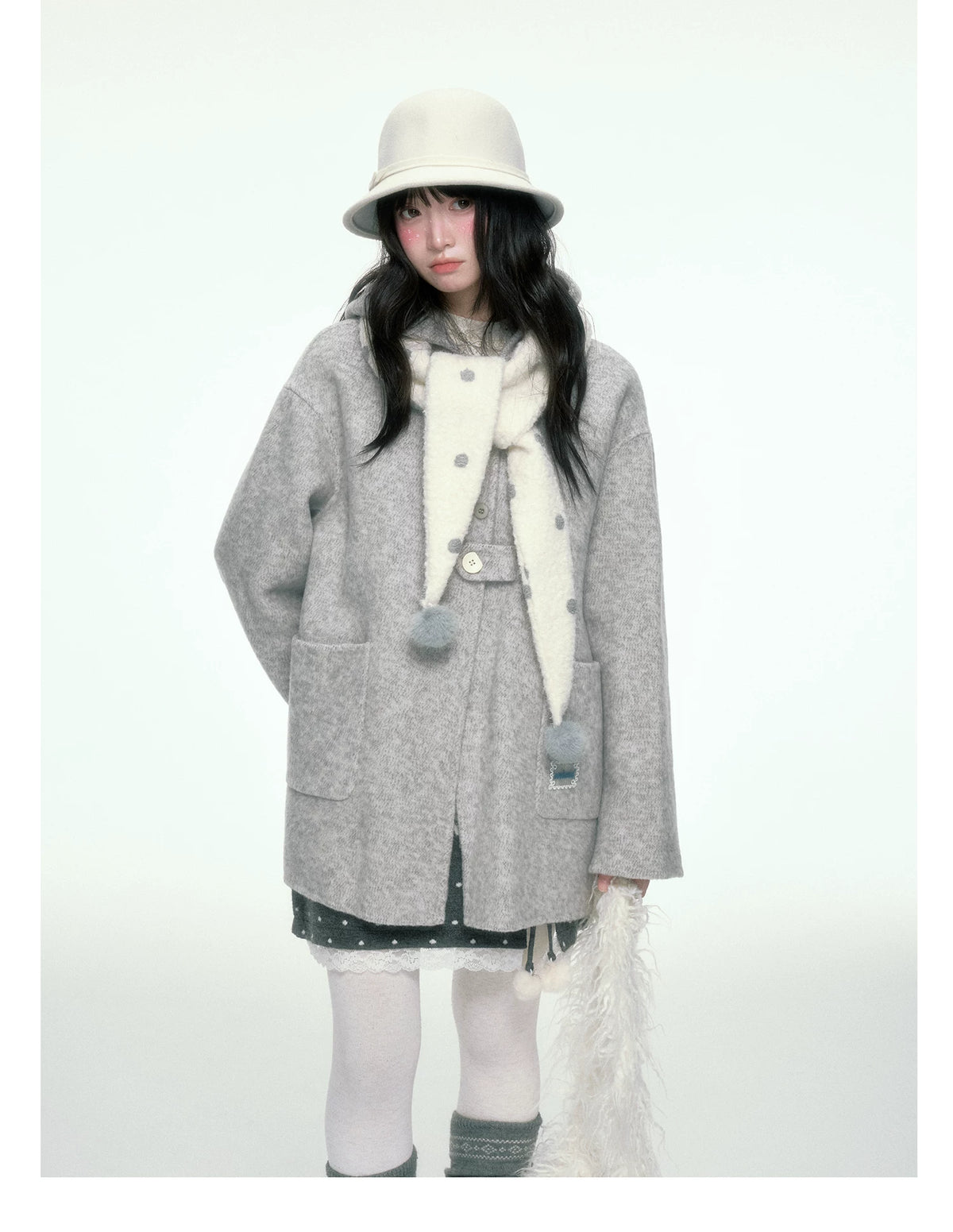 BIBIBENCY - Gray Wool-Blend Single-Breasted Coat (With White Scarf)