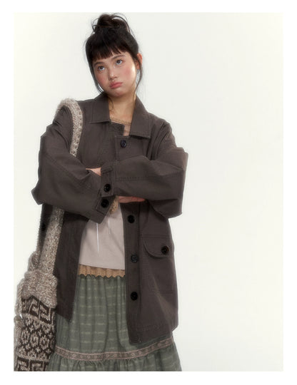 Dark Coffee Brown Washed Cotton Utility Jacket