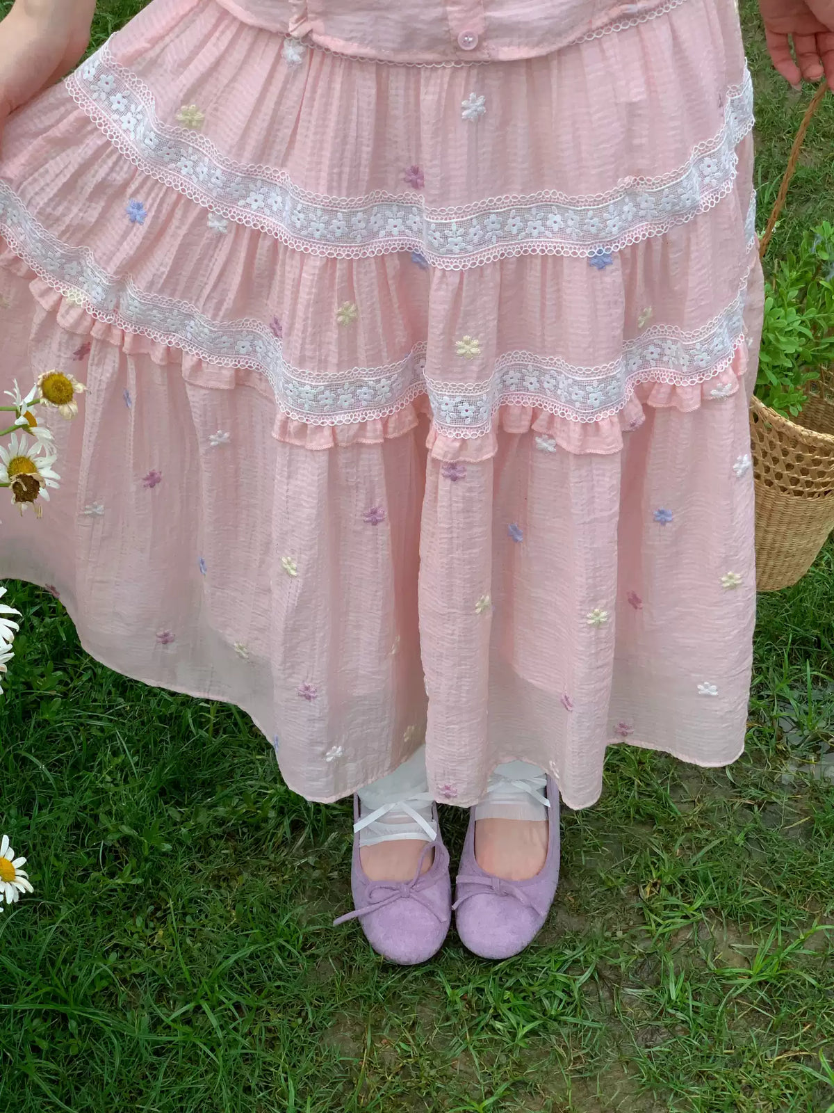 [RF] “Whispered Dream” Pink Bow Lace Tiered Skirt Two-Piece Set