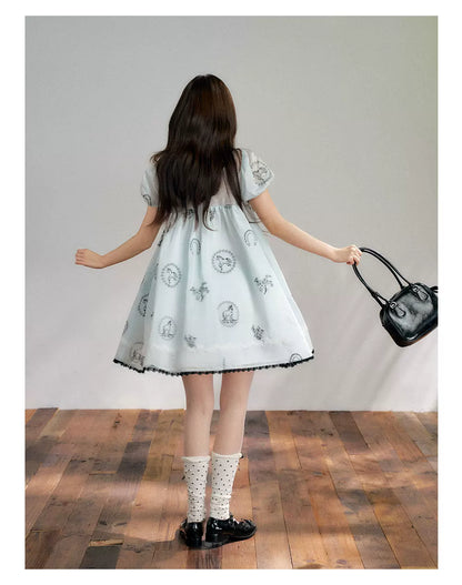 “Brown Sugar Fairytale” Blue Embroidered Puff Sleeve Dress
